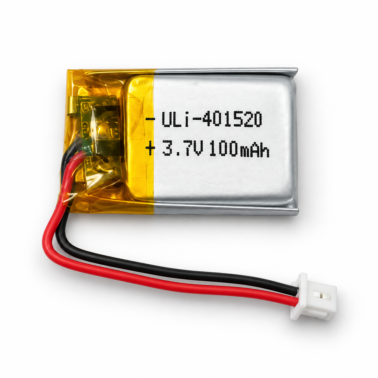 EE-C-0184 1S LiPo pouch cell with red and black leads and a two-pin connector